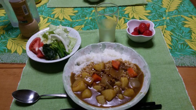 A homemade Japanese meal of curry rice, salad, and strawberries.