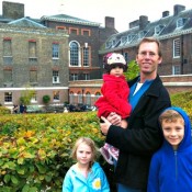 Image of Prof. Mark Branner, University of Hawaii at Manoa, Department of Theatre and Dance, faculty resident director of the semester in London, England program, and his three children exploring Kensington Palace.