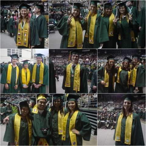 A collage of images of University of Hawaii at Manoa Study Abroad Center alumni participating in various Commencement ceremonies in their cap, gown, and study abroad graduation sashes.