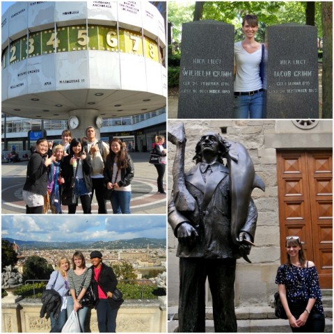 A collage of Katrina posing with friends by various buildings and scenic points in Berlin and Florence.