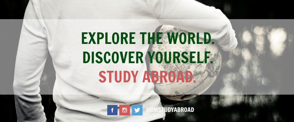 Photograph of a person carrying a globe with the tagline: Explore the World. Discover Yourself. Study Abroad.