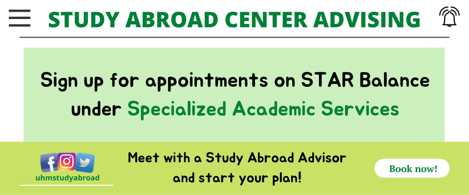 Study Abroad Center Advising appointments available on STAR Balance under Specialized Academic Services.