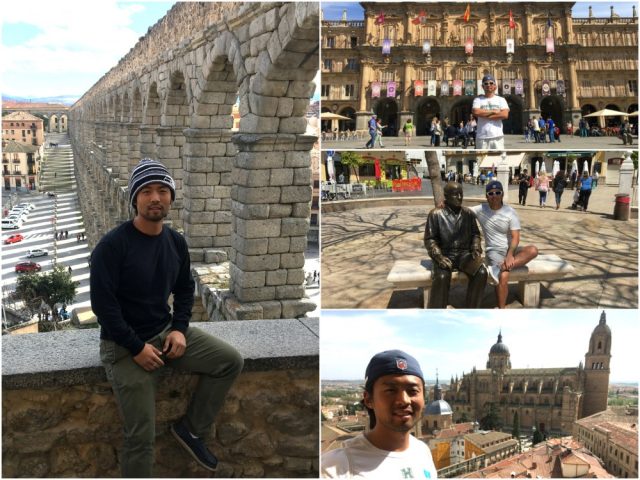 A collage of Sanghun sitting in front of various buildings in Spain.