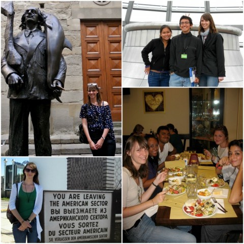 Katrina posing with friends at a restaurant and by signs and statues.